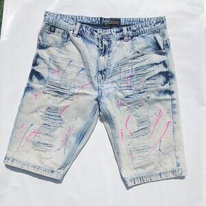 Switch Remarkable Men’s Light Acid Wash Patched Distressed Denim Shorts Size 38